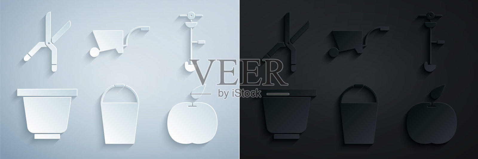 集桶,草和杂草电动线修剪器,花盆,苹果,手推车和园艺手工剪刀图标。向量图标素材