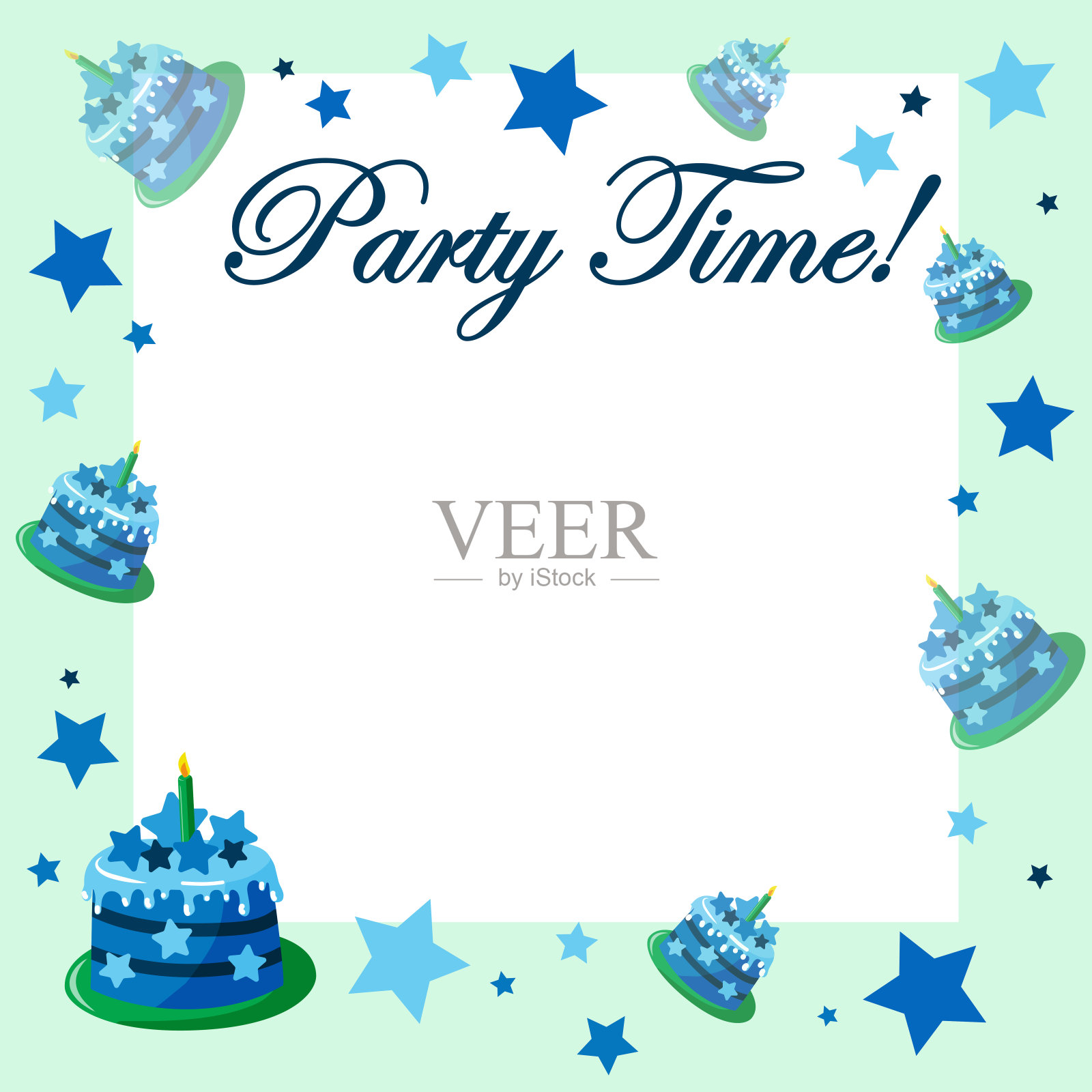 邀请卡与生日蛋糕和星星在浅绿色烘焙地面。插画图片素材