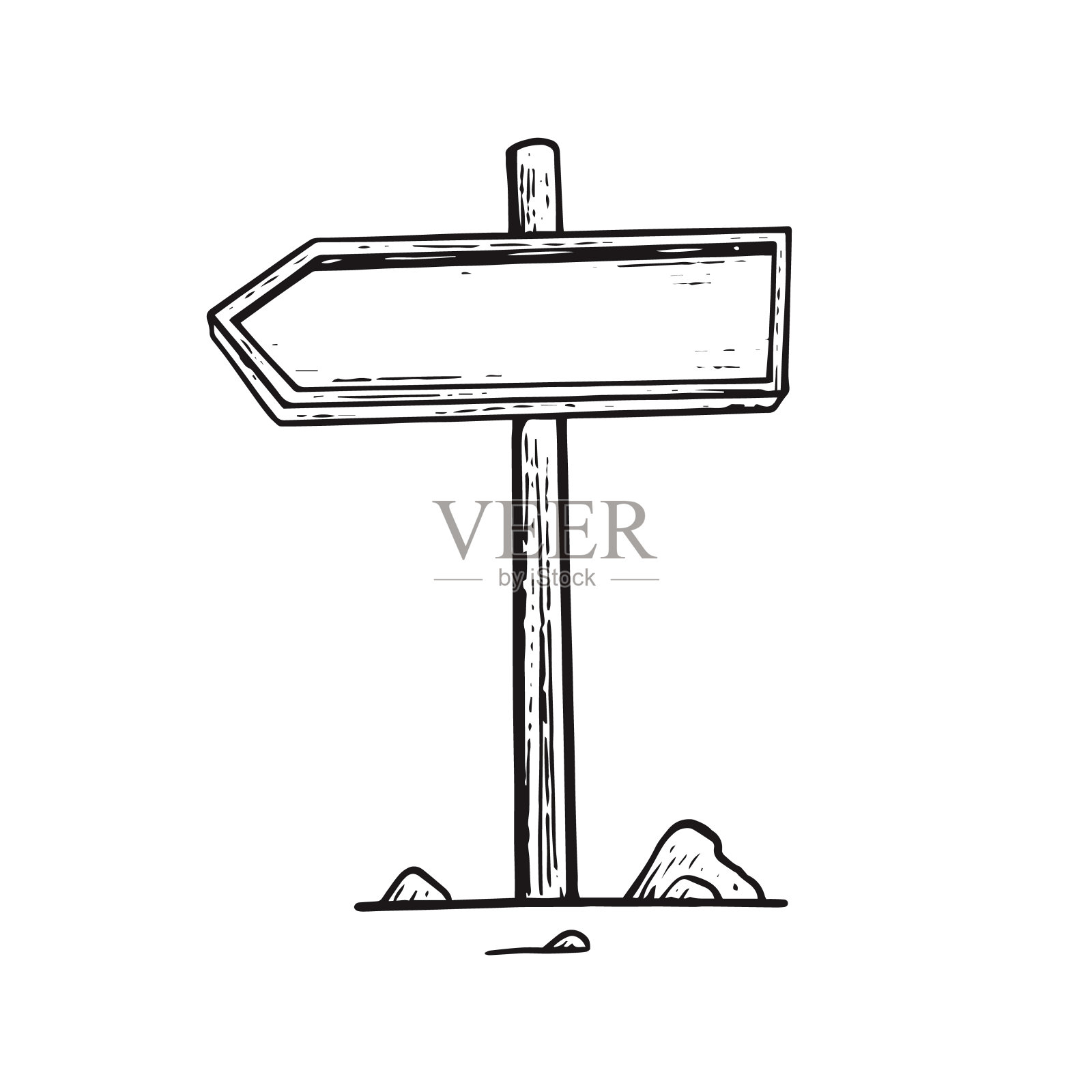 木制招牌箭头导航手绘单色轮廓草图。插画图片素材