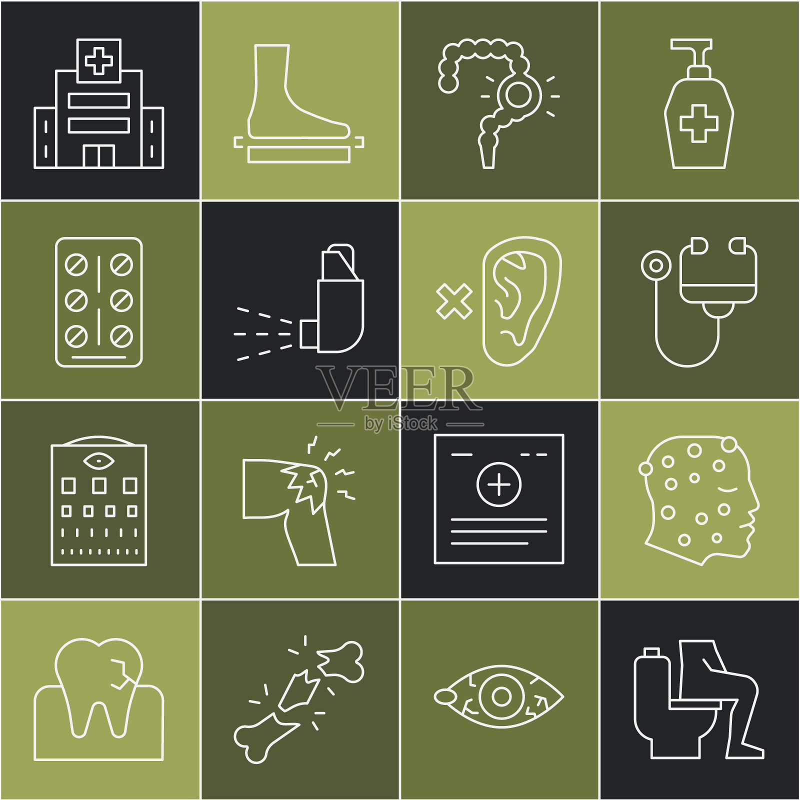 设置线便秘,牛皮癣或湿疹皮疹,听诊器,肠道便秘,吸入器,药丸在水泡包装,医院大楼和聋人图标。向量插画图片素材