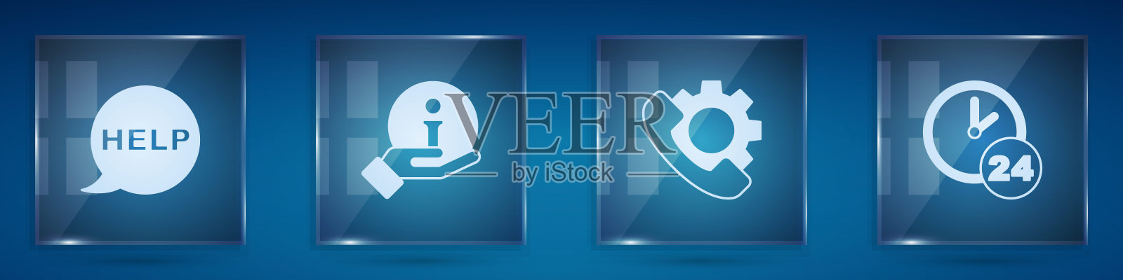 设置语音气泡文本帮助,信息,电话24小时支持和时钟。方形玻璃面板。向量插画图片素材