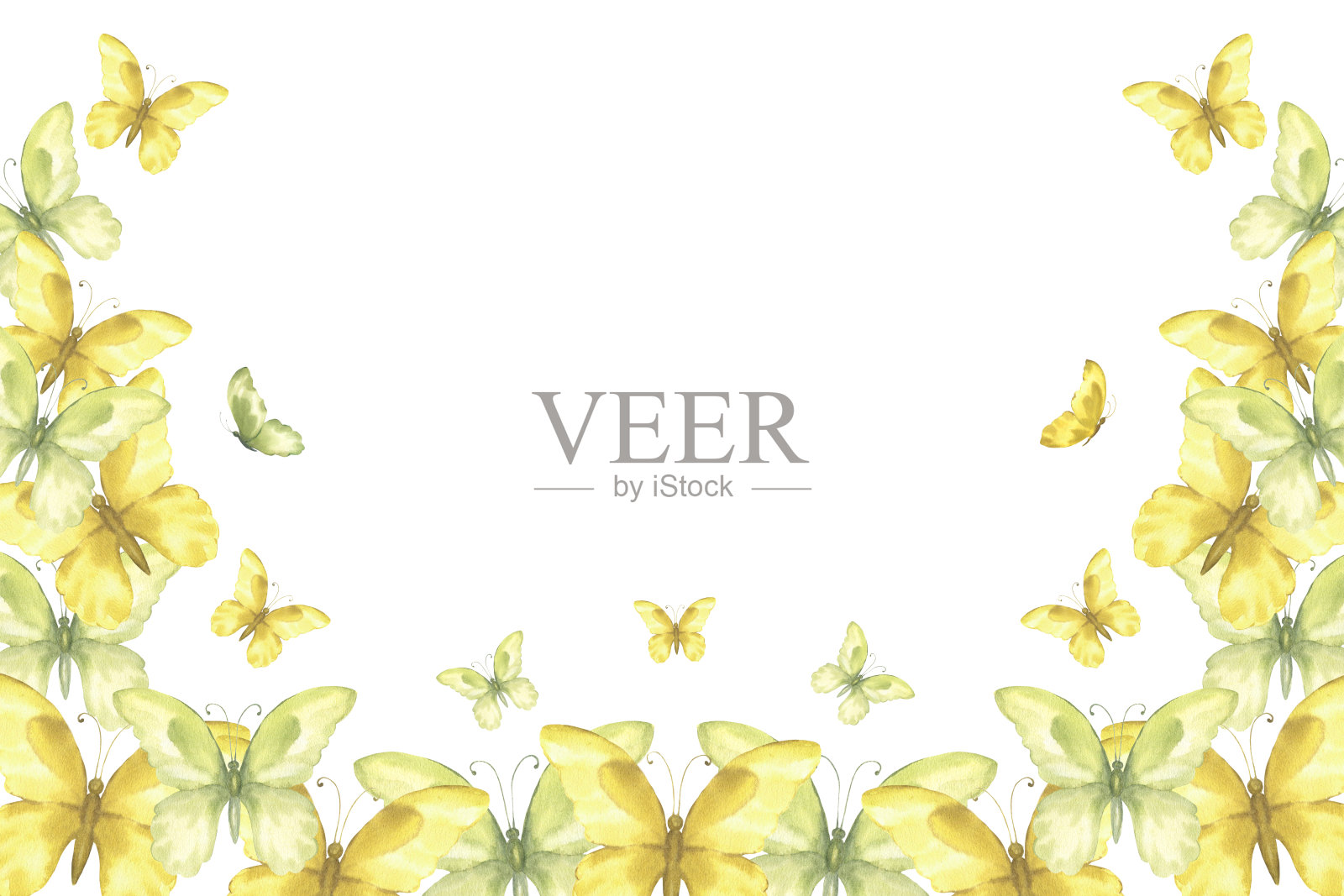 水彩画上精致的绿色和黄色蝴蝶在溪流中飞舞。用于画框、横幅、明信片、证书的设计和装饰插画图片素材