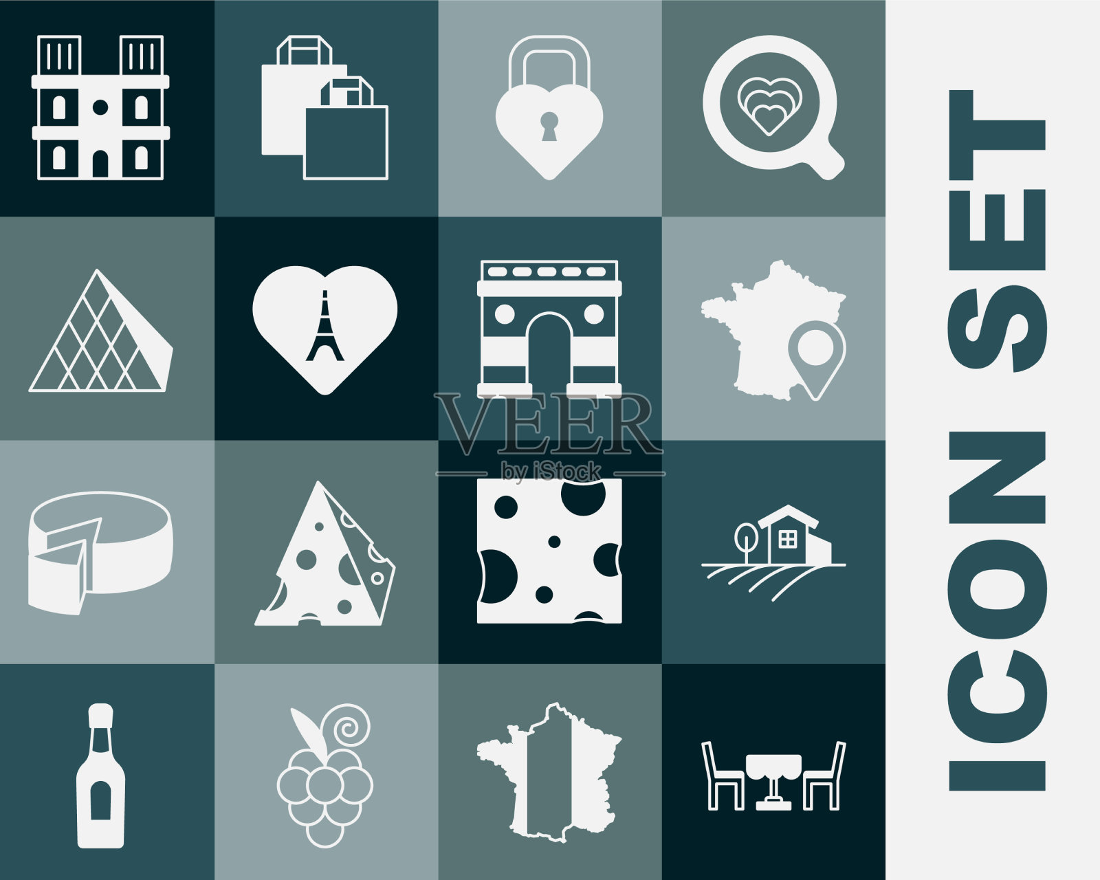 集法国咖啡馆乡村风景法国地图图标素材