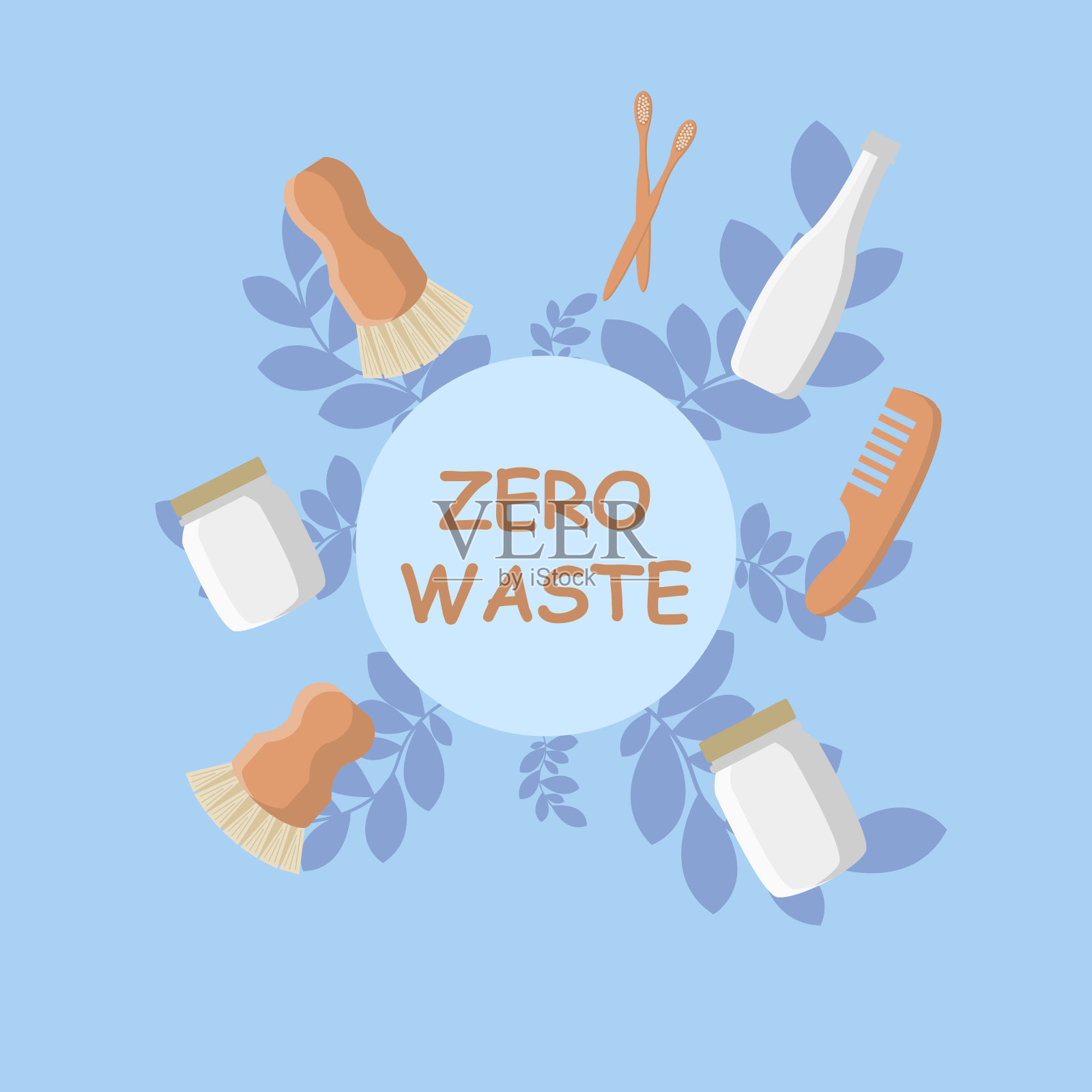 零浪费信息图矢量插图。环境护理可视化刷,罐子,和瓶子。插画图片素材