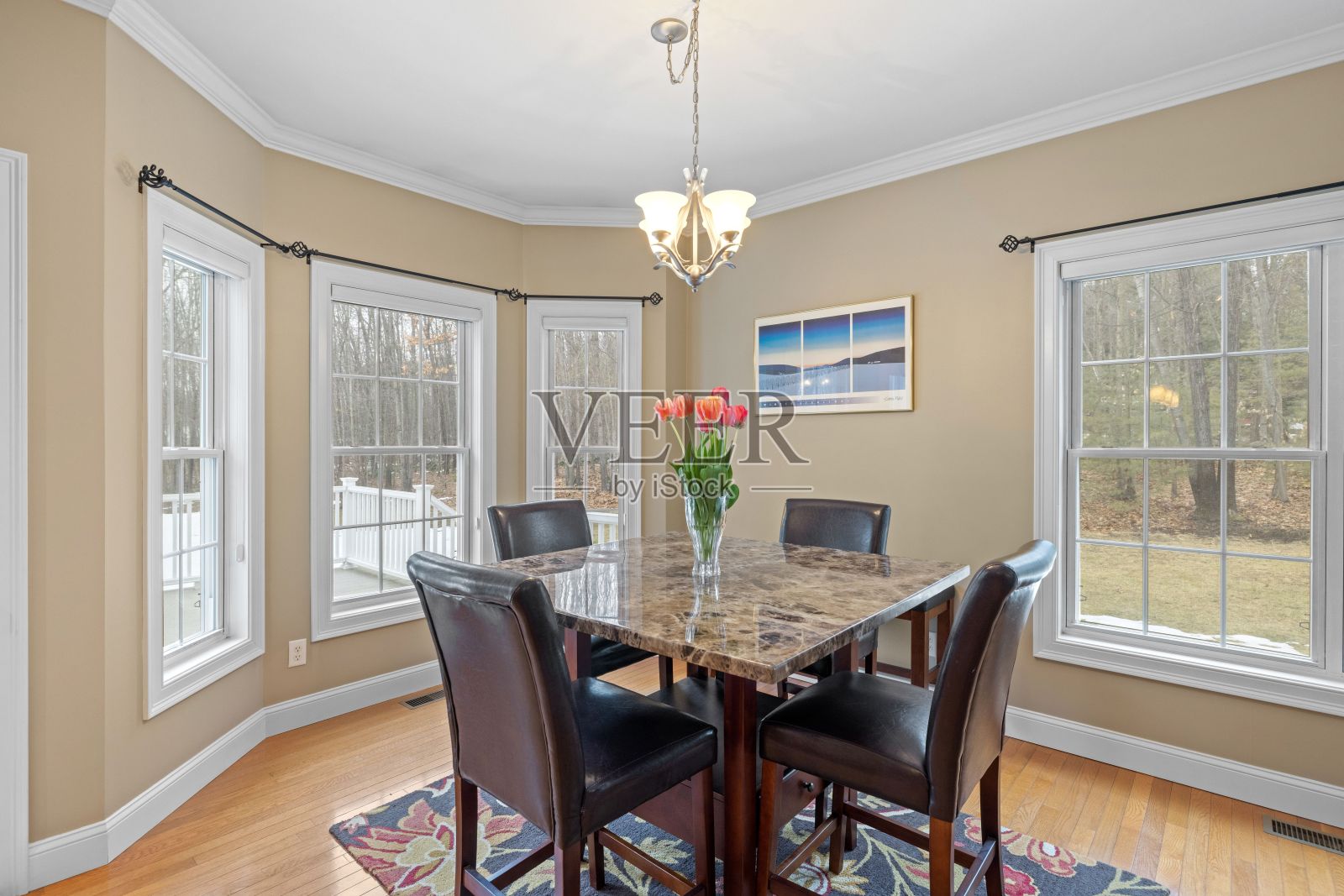 餐厅有一张桌子和皮革椅子与大理石顶部照片摄影图片