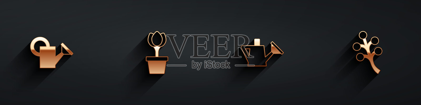 设置浇水罐,花郁金香壶,和开花树枝图标与长影子。向量图标素材