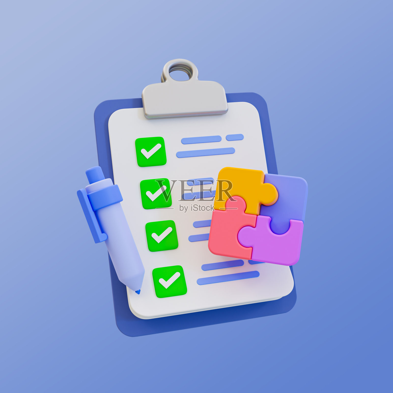 3d最小待办事项列表。实现目标的概念。任务完成。带有拼图的检查表剪贴板。3 d演示。照片摄影图片