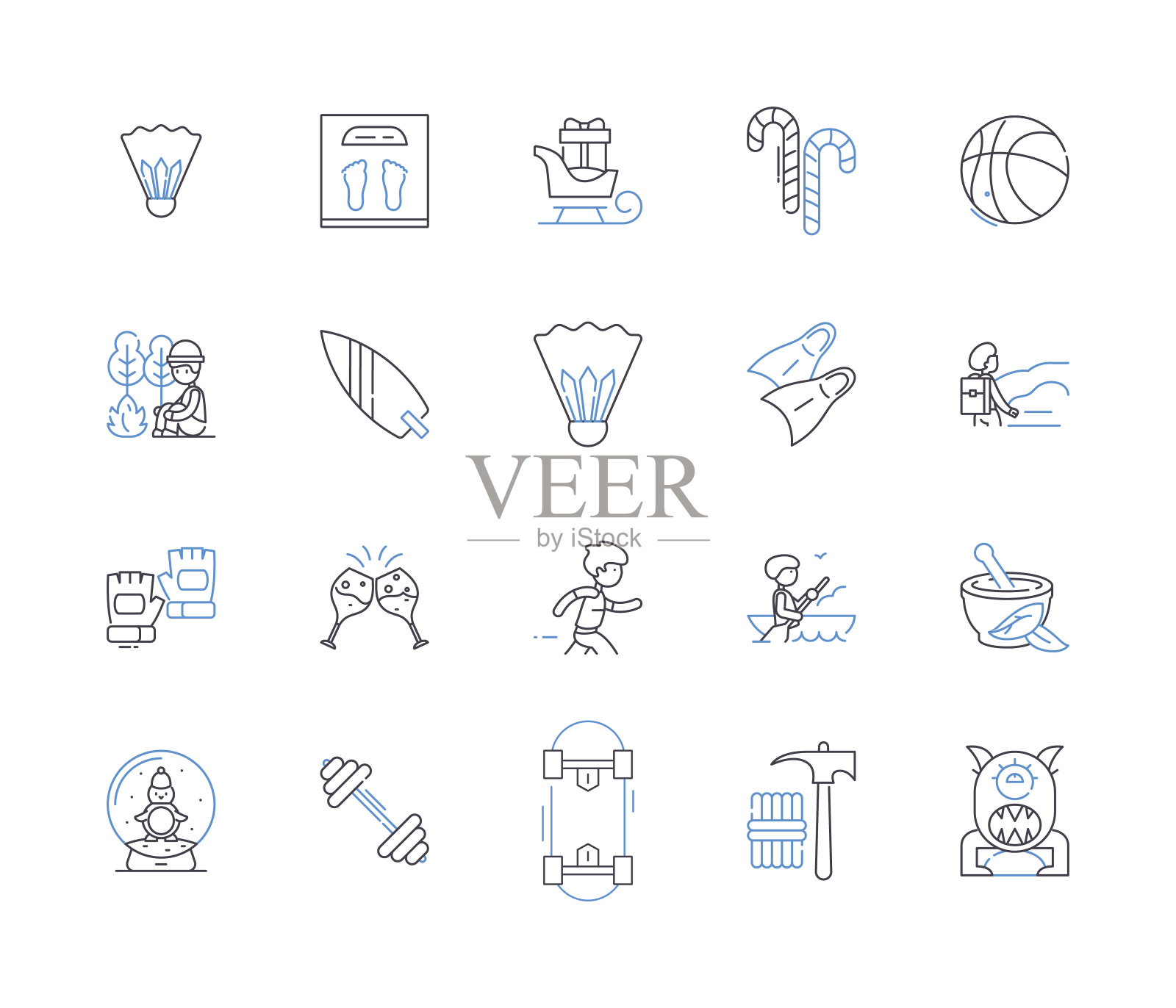 周末和运动大纲图标收集。周末,运动,娱乐,休闲,玩,游戏,体育矢量和插图概念集。活动,户外,狩猎线性标志图标素材