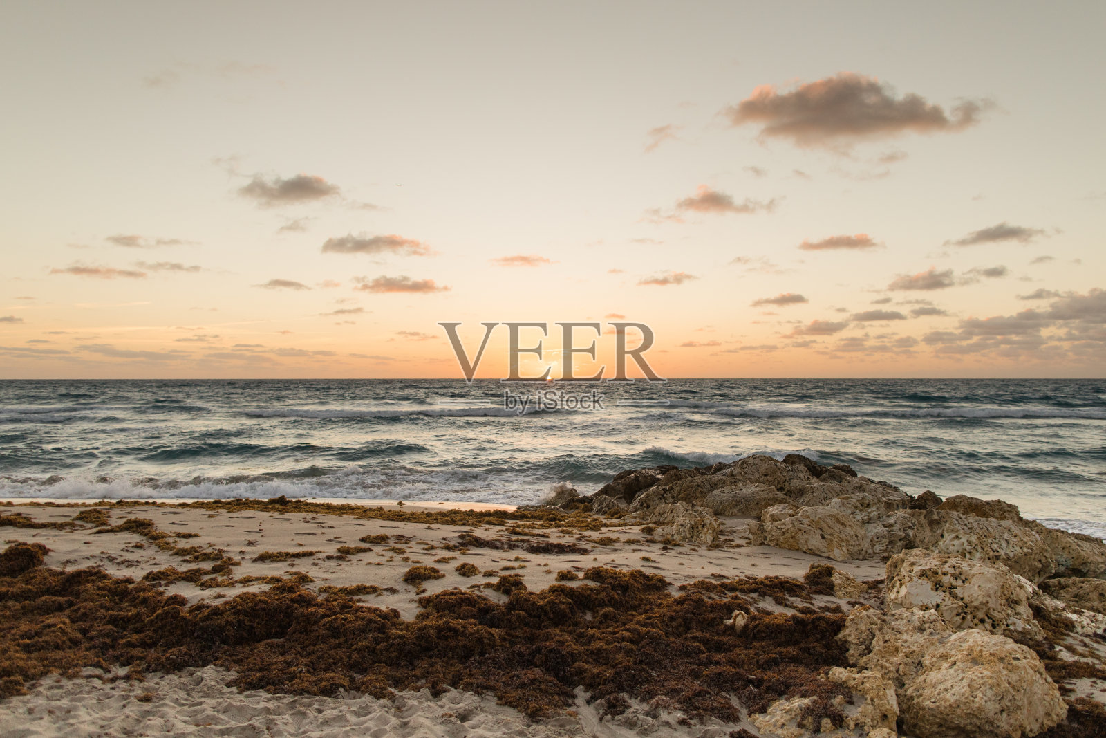 2023年春天,佛罗里达海岸棕榈滩上空的金色日出照片摄影图片