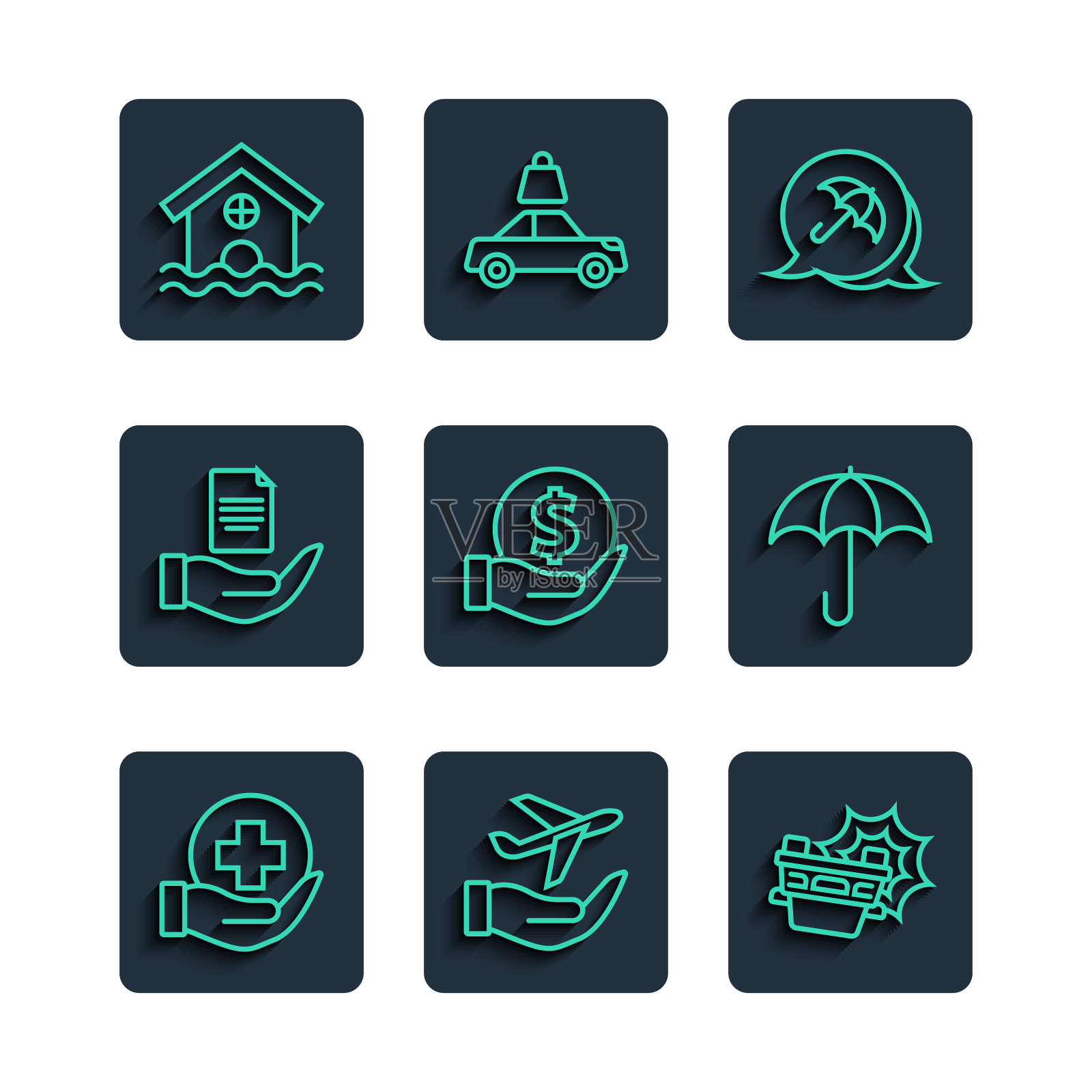 集行人寿保险,飞机手,车祸,雨伞,钱与盾,合同,房子洪水和图标。向量图标素材