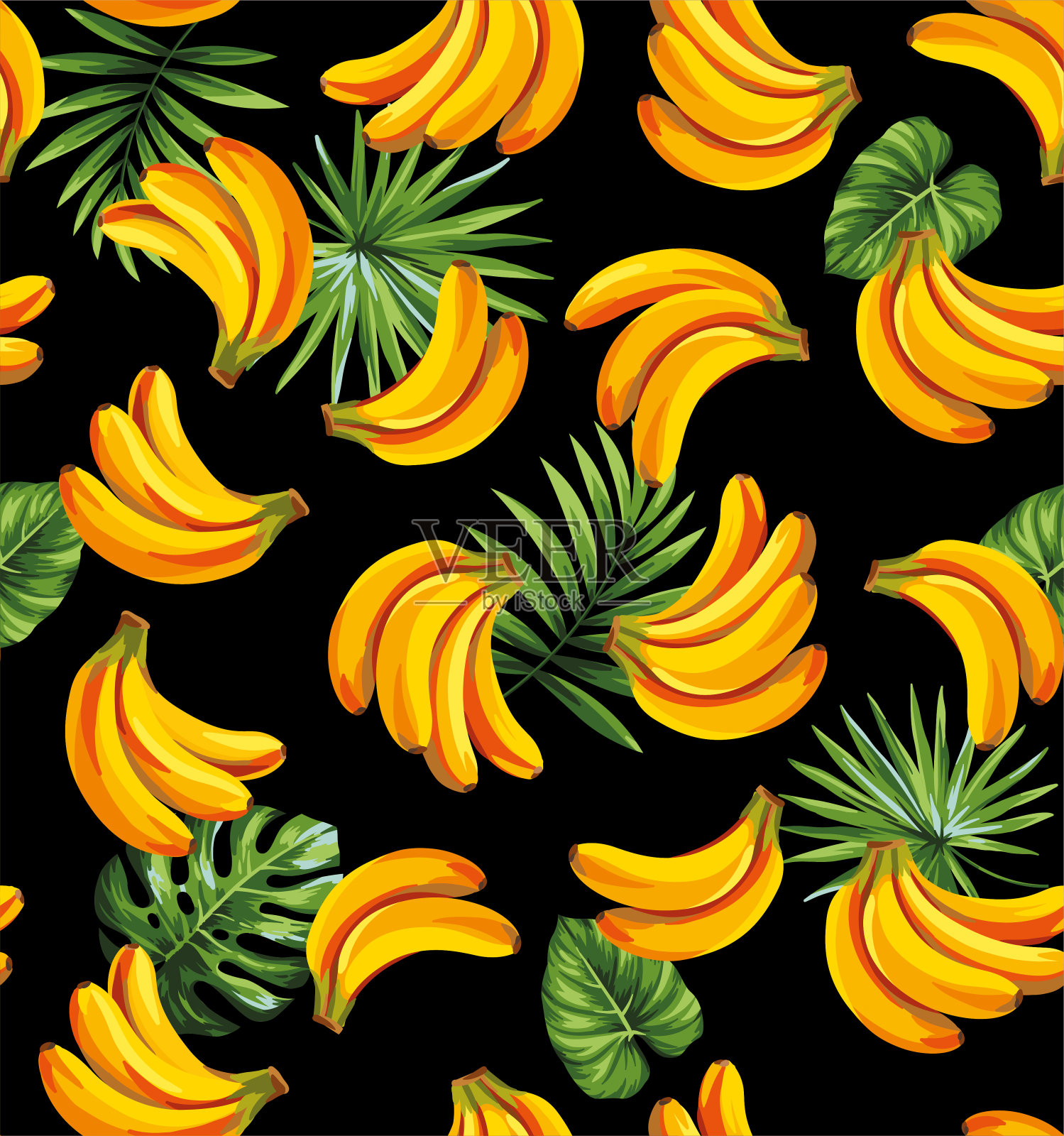 热带无缝模式与香蕉和棕榈叶在黑色背景。矢量插图。插画图片素材