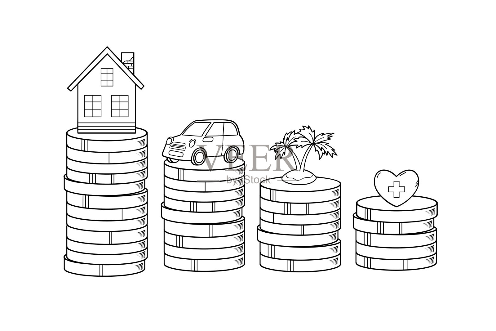 财务目标。为房子,汽车,旅行,健康储蓄。成堆的硬币。白色背景上的概念矢量线图标。插画图片素材