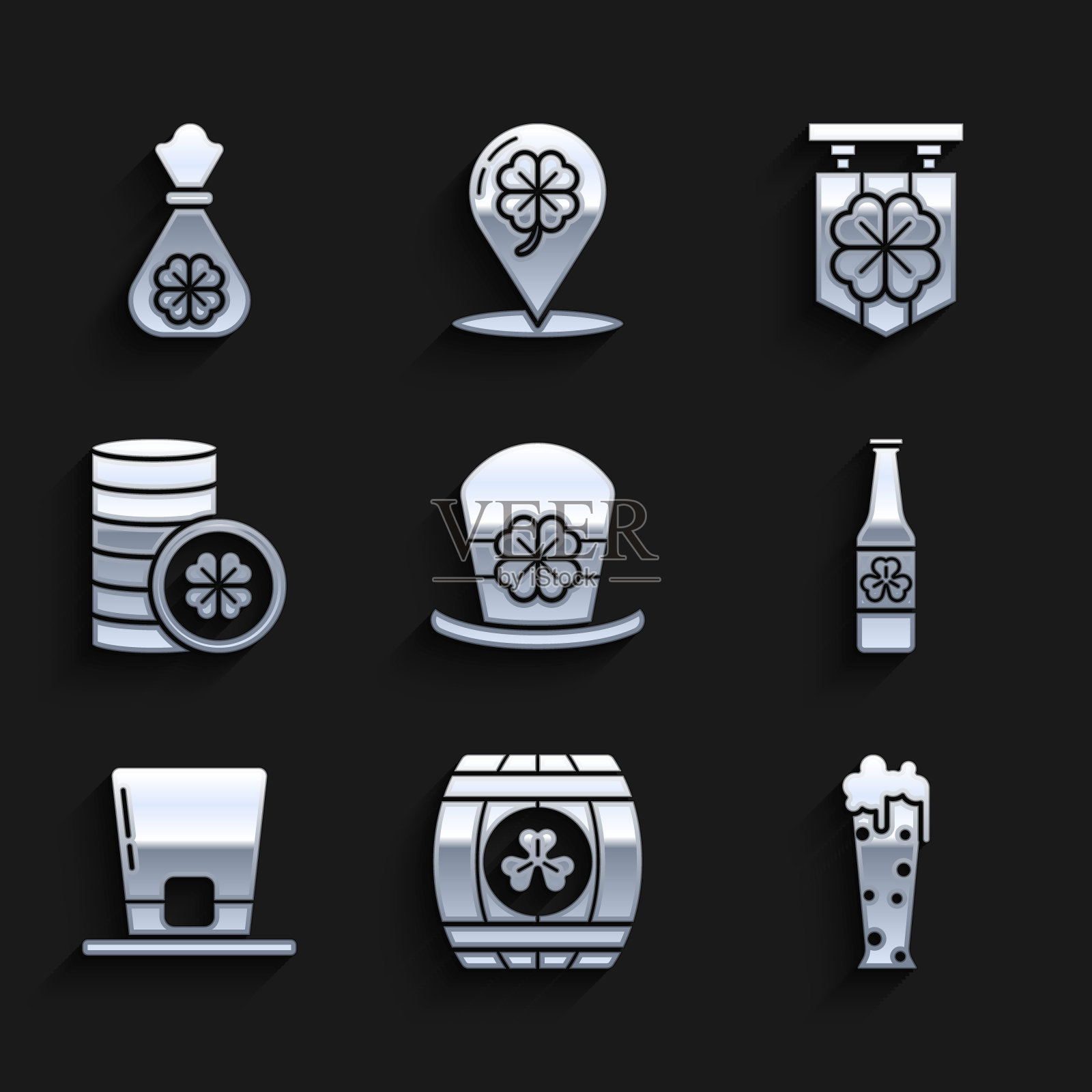 集小精灵帽子和四叶草,木桶与,啤酒,啤酒瓶,金币,街道招牌和钱袋图标。向量图标素材