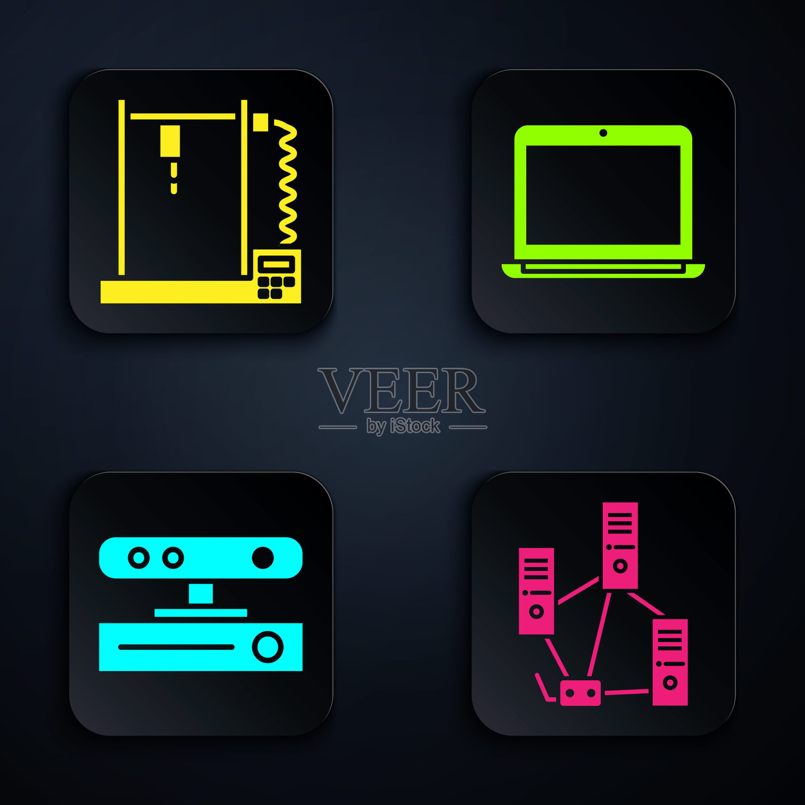 设置计算机网络,3D打印机,运动传感器和笔记本电脑。黑色方形按钮。向量插画图片素材