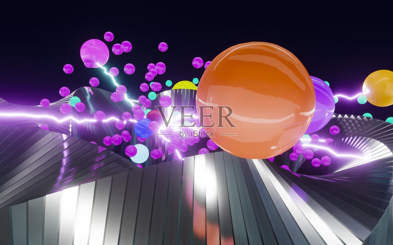 由扭曲的金属环、电子和等离子体连接的量子组成的彩色活跃能量状态。照片摄影图片