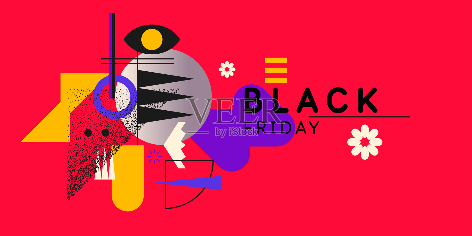 黑色星期五促销横幅。明亮的抽象背景与各种几何元素。各种形状的组合。插画图片素材