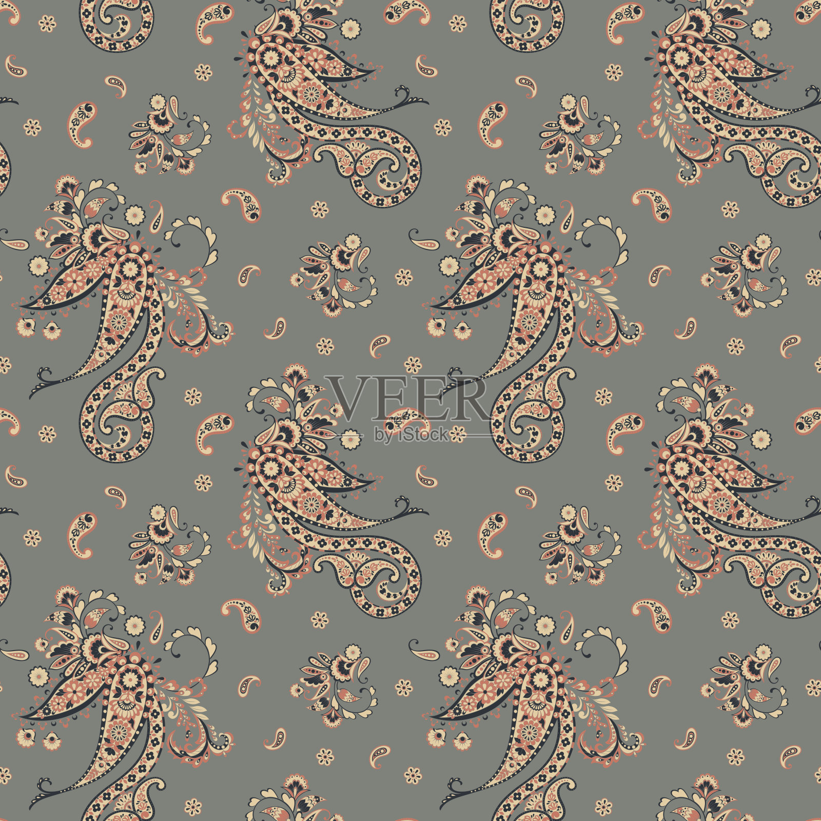 佩斯利矢量无缝图案。神奇的花,叶子。纺织波西米亚印花。蜡染画。古董插画图片素材