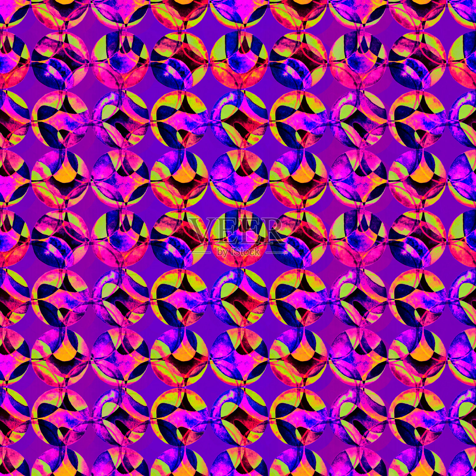 水彩圈无缝图案(50年代中期)。复古的手绘圆圈装饰。圆形图案。插画图片素材