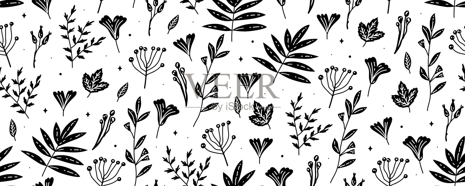 复古无缝图案与树叶。单色艺术装饰插图。插画图片素材