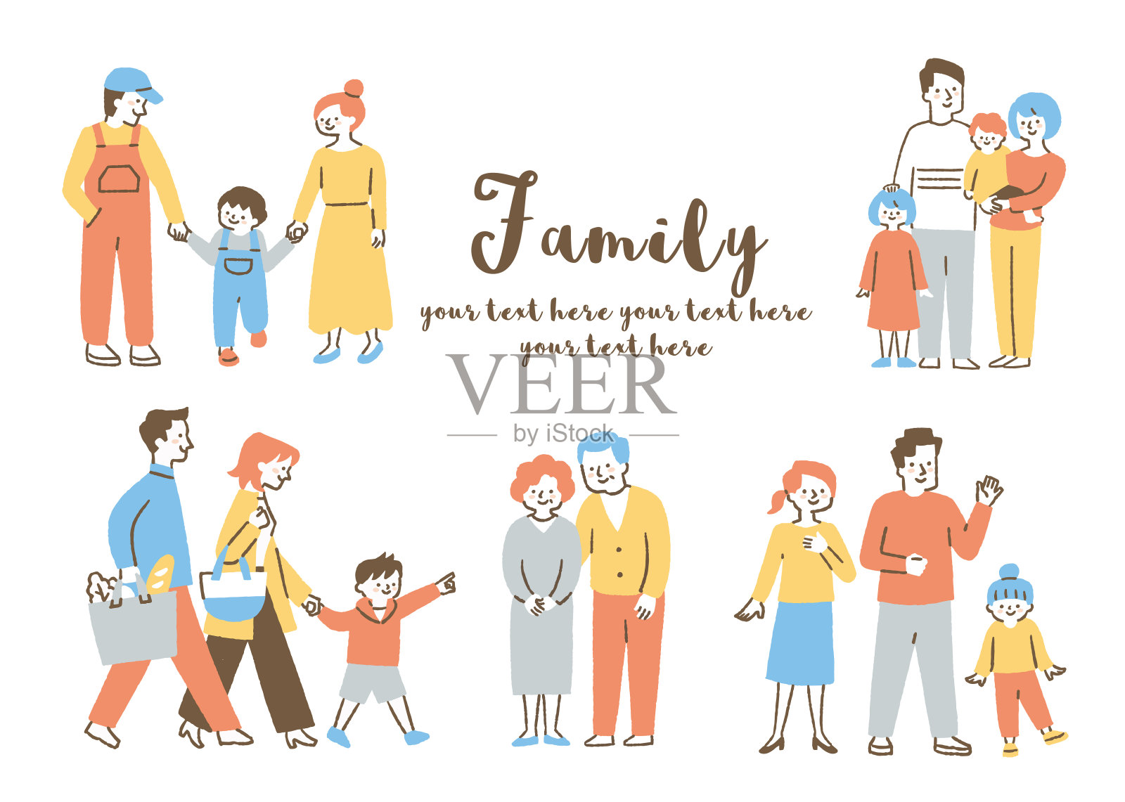 一组3或4个家庭成员插画图片素材