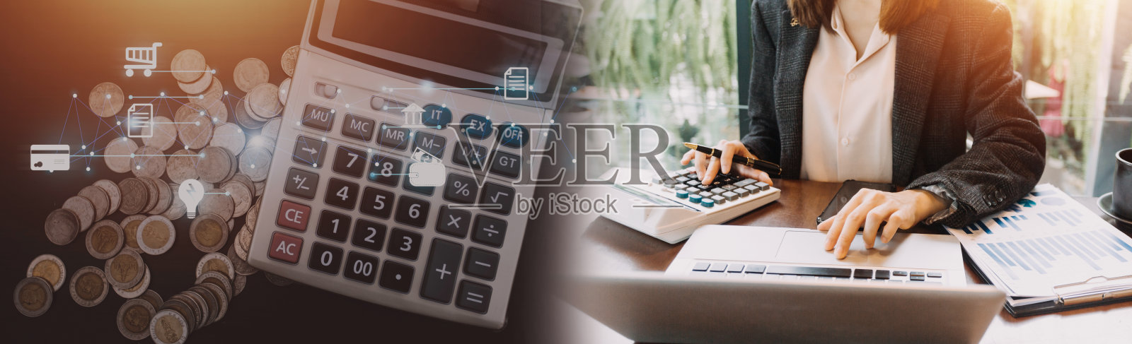 业务会计在办公桌上使用手机和计算器计算预算概念财务和会计照片摄影图片