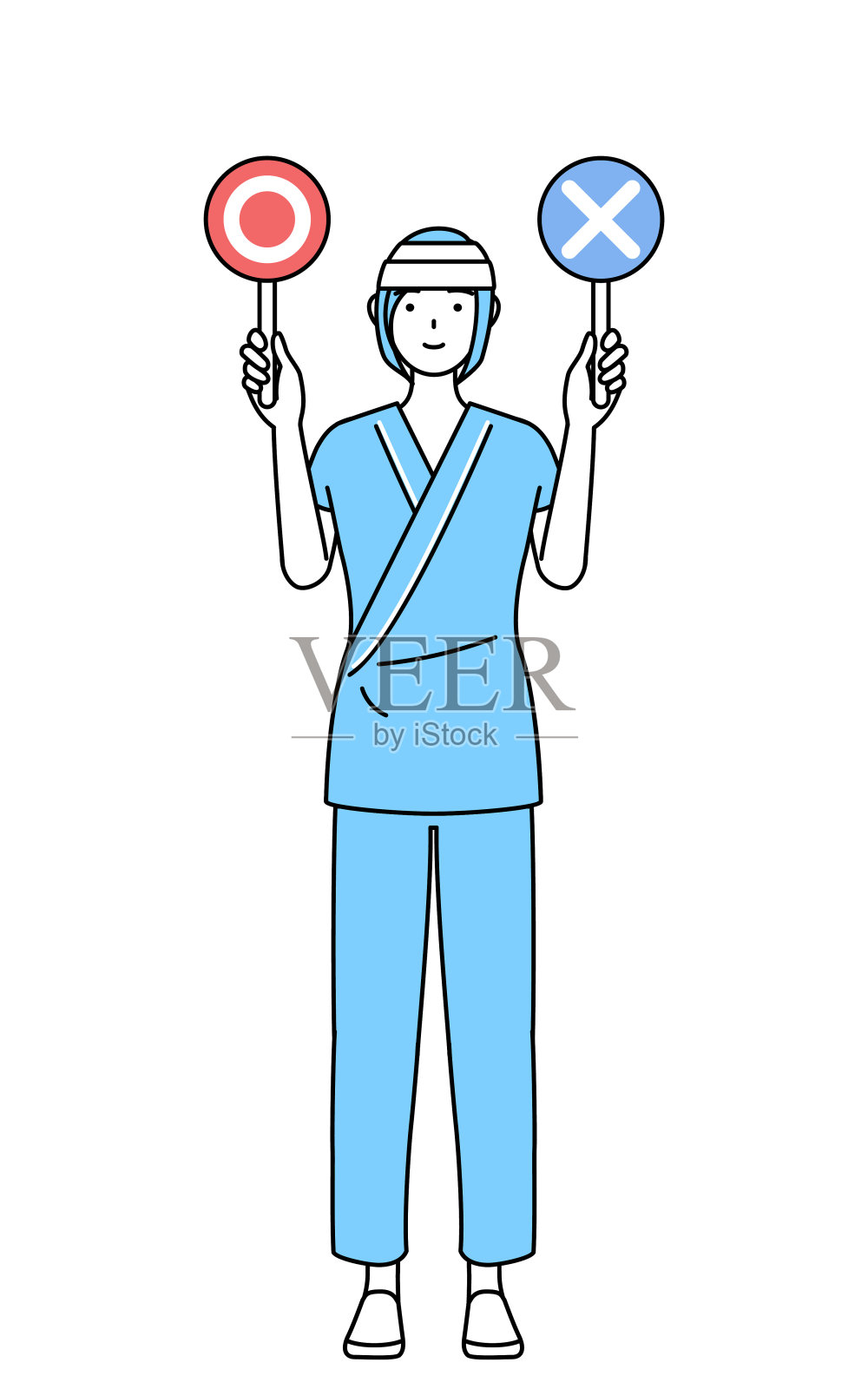 女住院病人穿着病号服,头上缠着绷带,举着标语牌,上面写着正确和错误的答案。插画图片素材