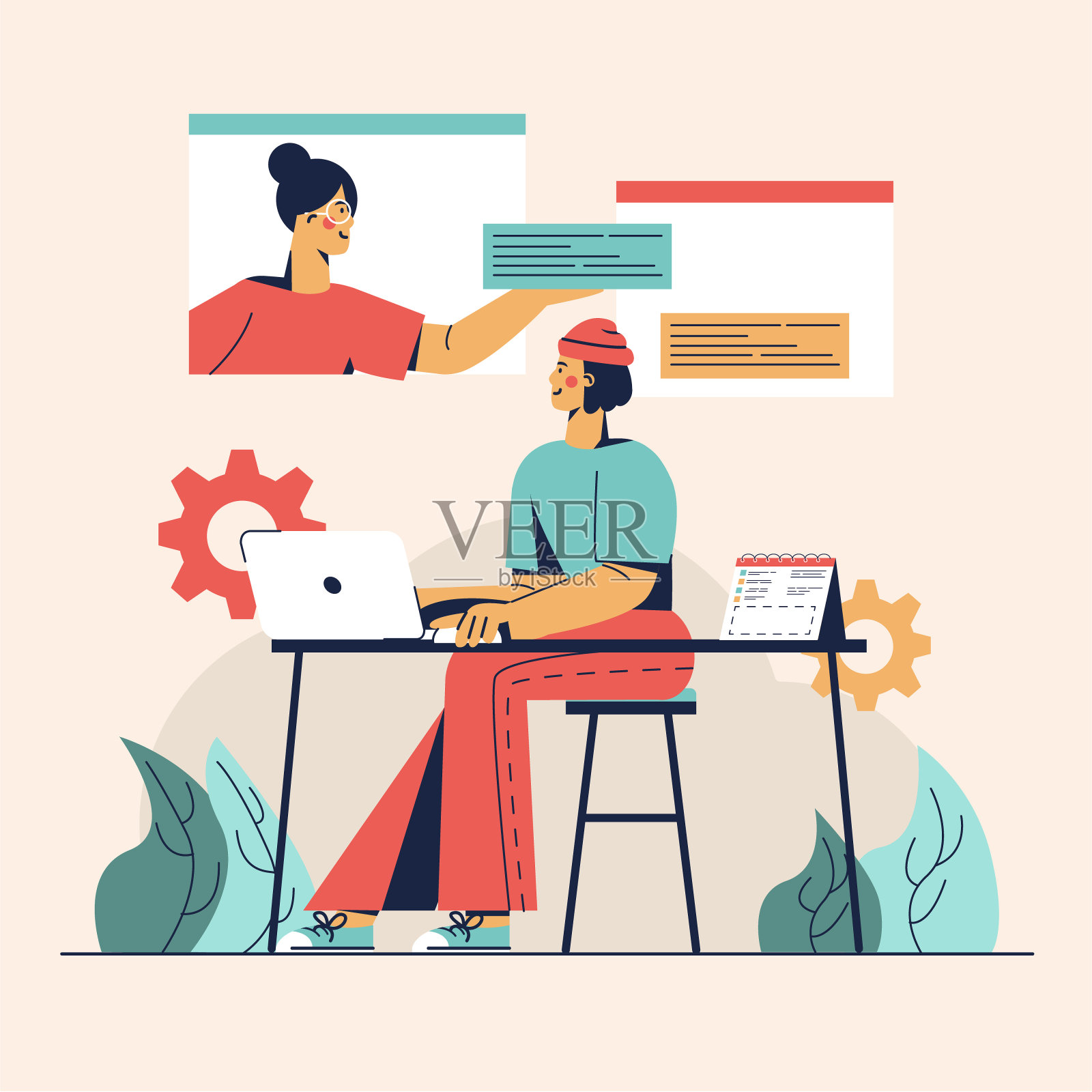 男性在笔记本电脑上工作,观看演示,寻找工作灵感插画图片素材