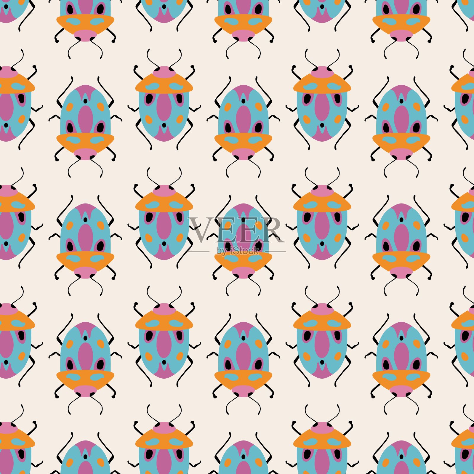 无缝图案与可爱的虫子。彩色手绘矢量插图插画图片素材