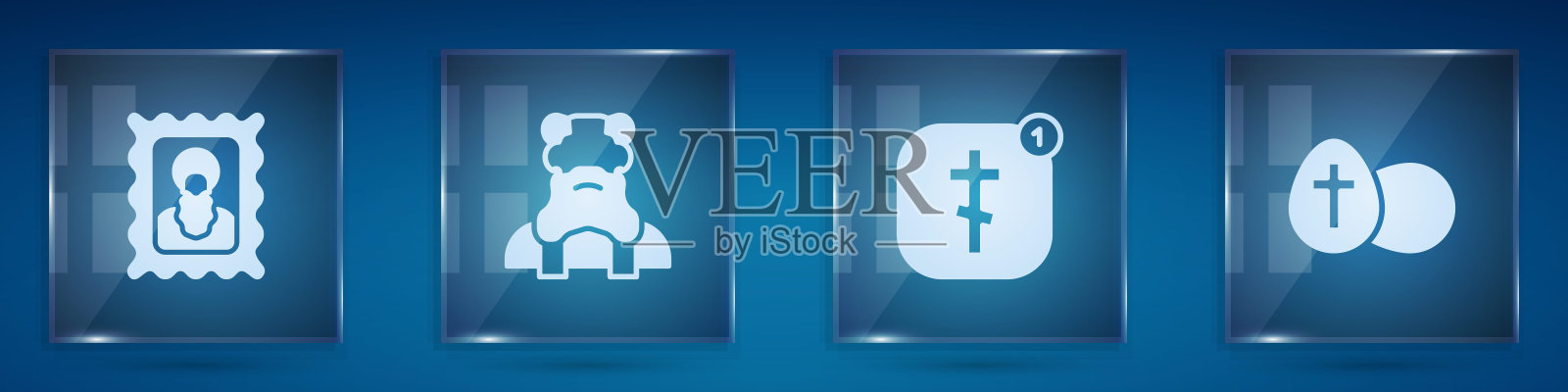 设置基督教图标,牧师,在线教堂牧师讲道和复活节彩蛋。方形玻璃板。向量图标素材