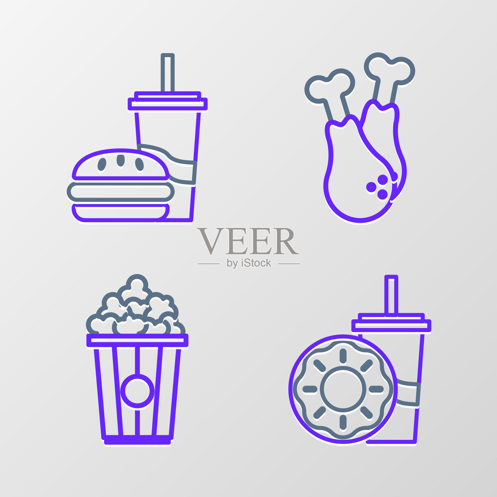 设线纸杯饮料吸管和甜甜圈,爆米花纸箱,鸡腿和汉堡图标。向量图标素材