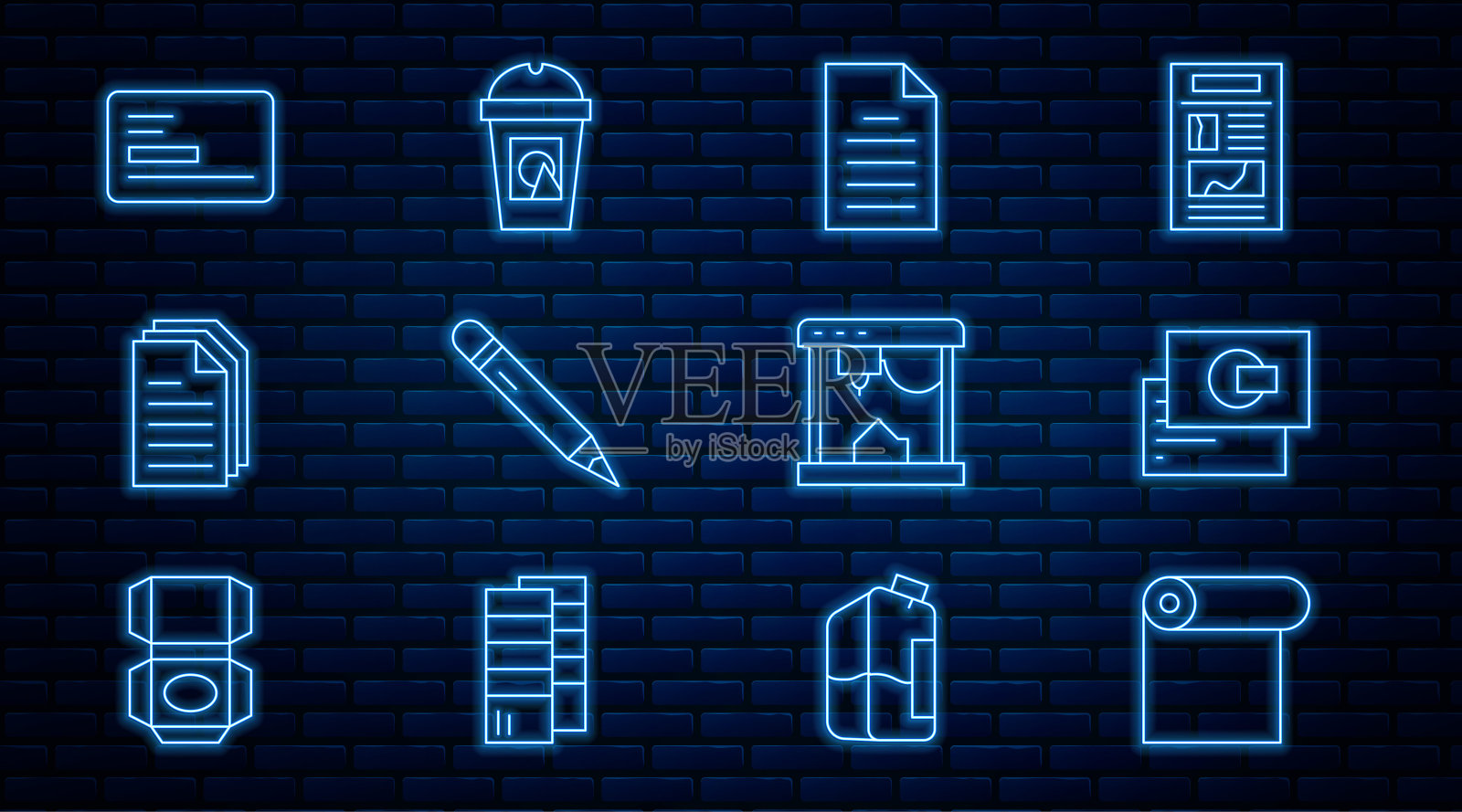 设置线卷纸,名片,文件文件,铅笔与橡皮擦,3D打印机和咖啡杯去图标。向量图标素材