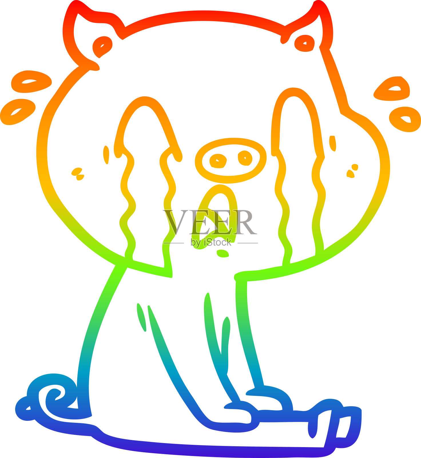 彩虹渐变线绘制的哭泣猪卡通插画图片素材
