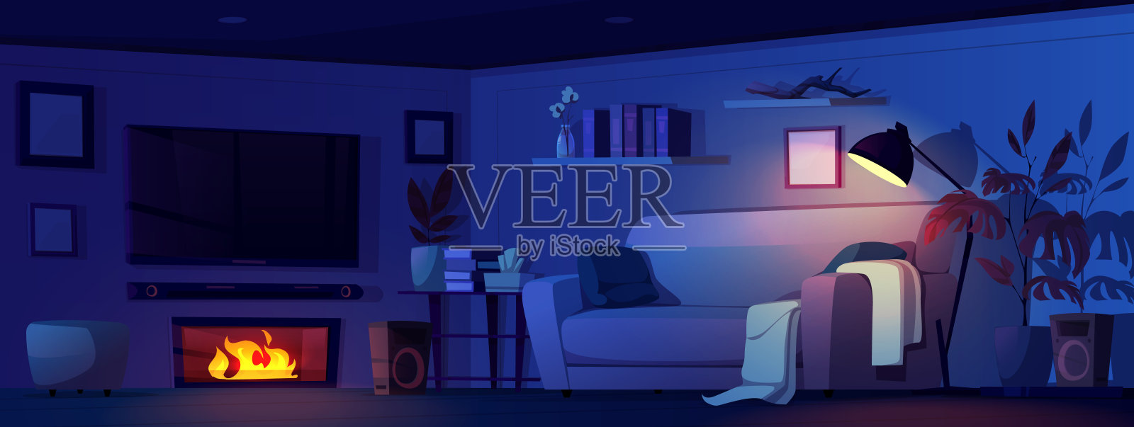 现代客厅夜间室内与家具插画图片素材