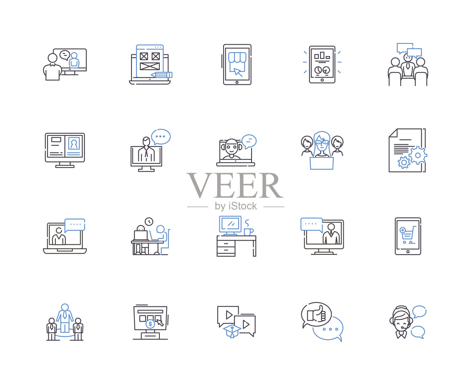 社交媒体概述图标收集。社交,媒体,网络,平台,广告,分享,数字矢量和插图概念集。在线,连接,参与线性标志图标素材