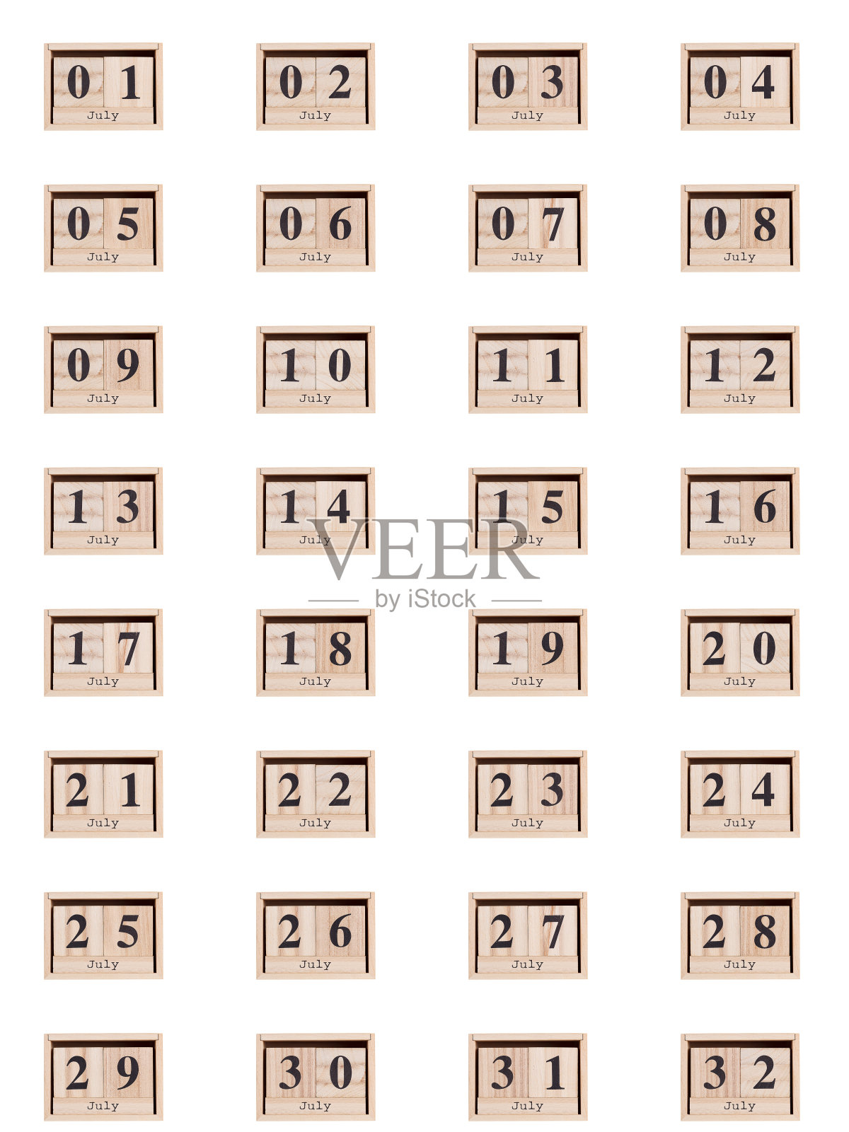 木制日历,一套日期月7月01-32,在一个白色的背景照片摄影图片