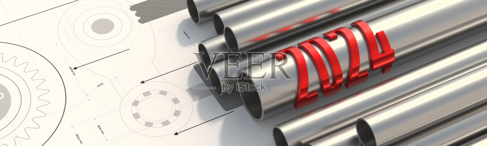 2024新年:钢管上的红色数字工业风banner 3D渲染照片摄影图片