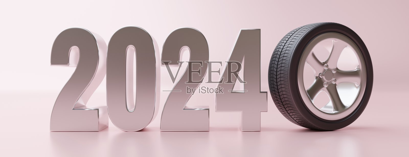 2024年新年平安,合金轮辋轮胎,粉红色背景紫色数字。横幅,3d渲染照片摄影图片