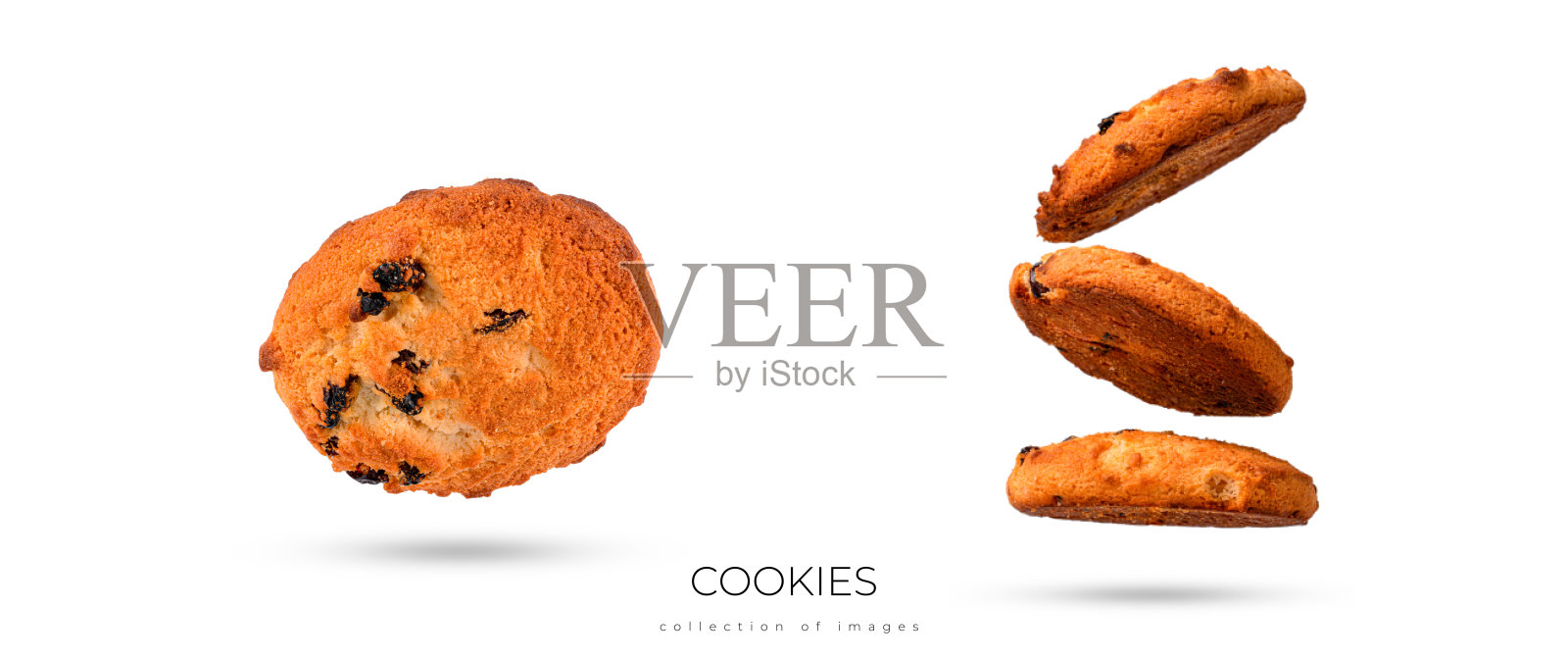 巧克力碎饼干孤立地落在白色的背景上,食物悬浮照片摄影图片