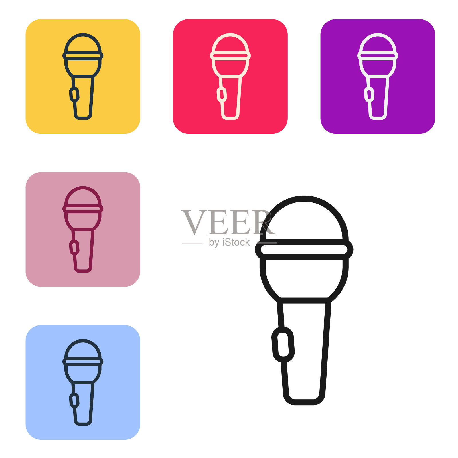 黑线麦克风图标隔离在白色背景。在空中广播麦克风麦克风。演讲者的迹象。设置图标为彩色方形按钮。向量图标素材