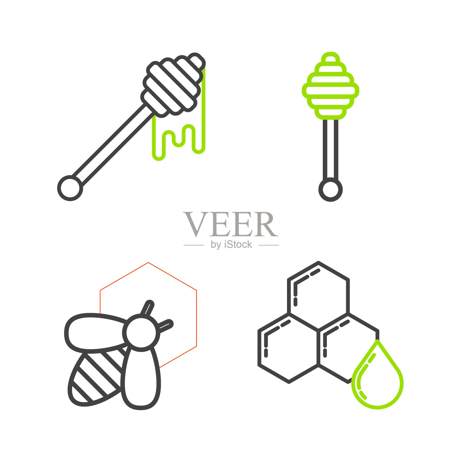 设置线蜂窝,蜜蜂和蜂窝,勺棒和滴水的图标。向量插画图片素材