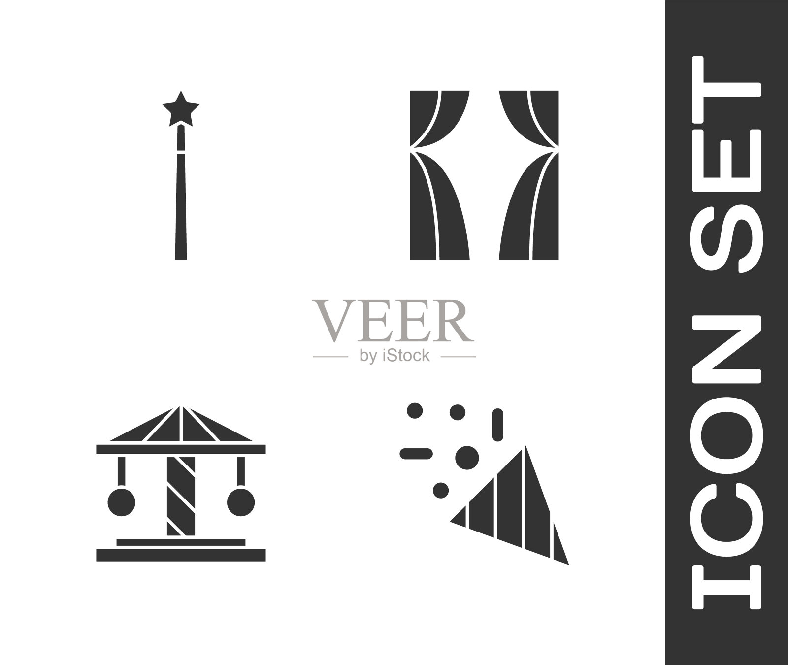 集节日五彩纸屑,魔术棒,吸引旋转木马和马戏团帷幕提升图标。向量图标素材