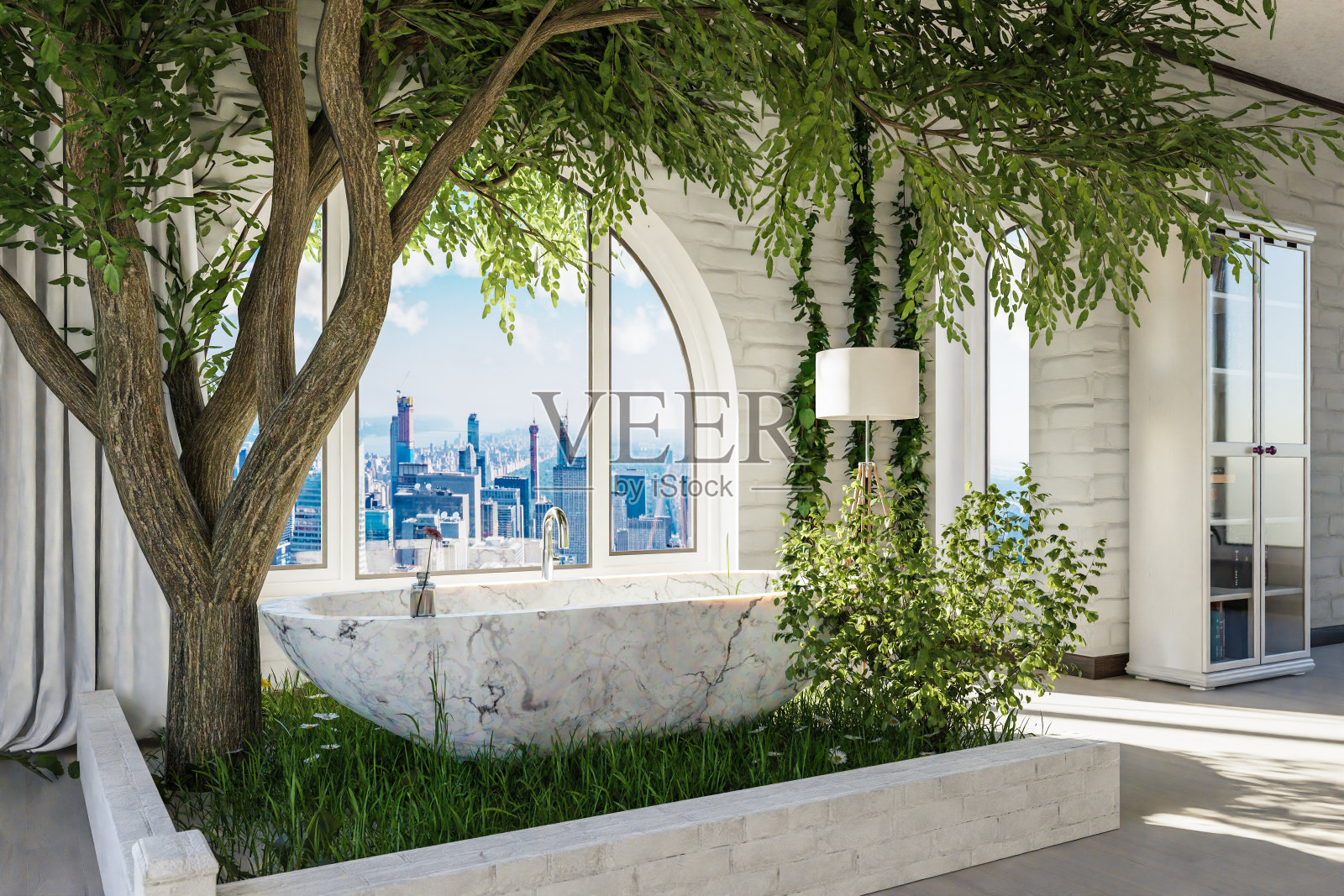 市中心带拱形窗的Loft公寓;室内浴缸带树;旅游概念;三维演示照片摄影图片