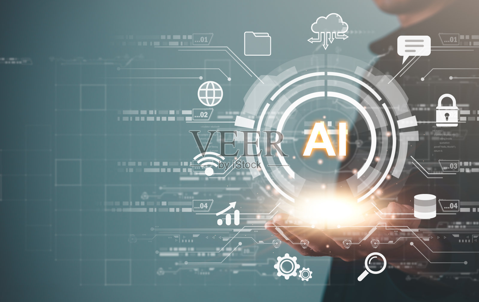 数字信息技术概念。商人触摸人工智能图标。聊天机器人和人工智能概念。照片摄影图片