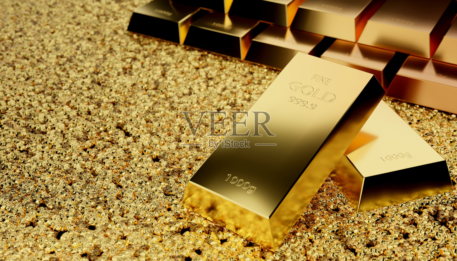 金融概念堆栈精金条,黄金砖块锭或金块和金块的背景。三维演示照片摄影图片