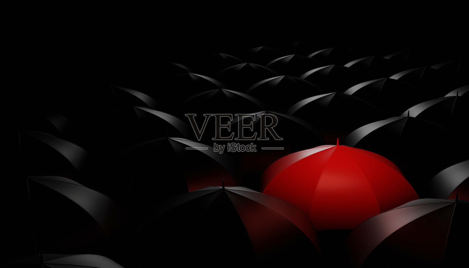 三维概念抽象不同的业务红伞在黑伞暗背景。三维插图渲染照片摄影图片
