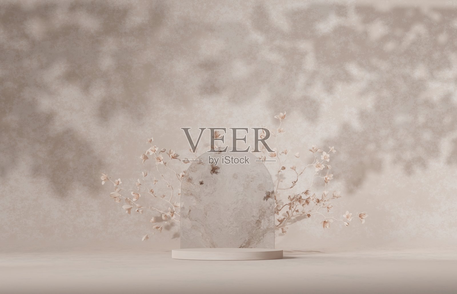 3D米色讲台或舞台和花朵。实物展台产品场景背景。三维讲台舞台图解照片摄影图片