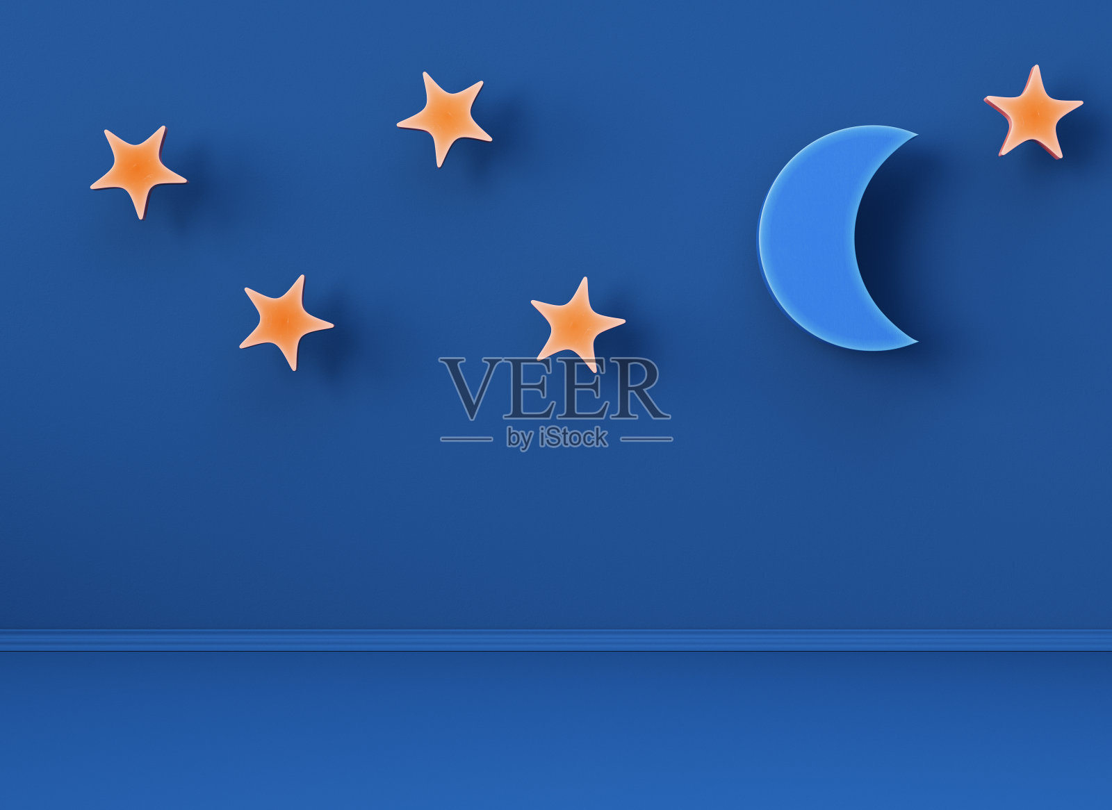 极简主义的蓝色空室内场景与卡通风格的月亮和星星照片摄影图片