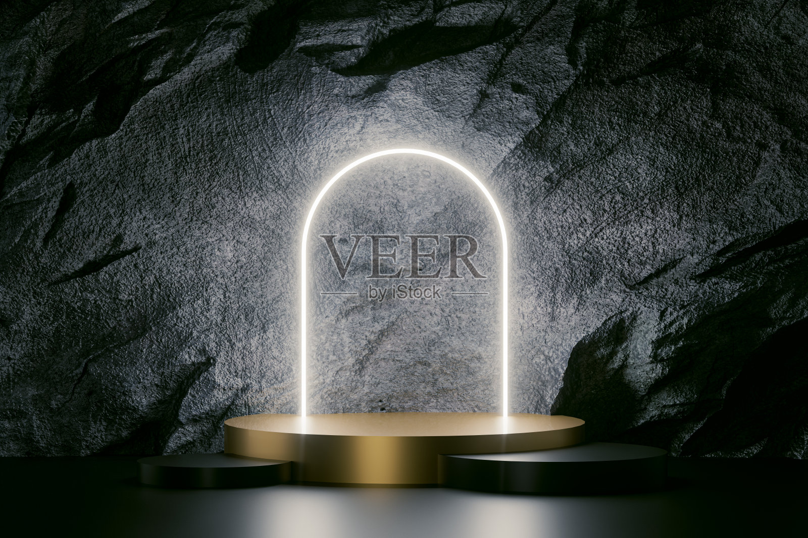 三维展示基座与霓虹灯拱门在岩石背景照片摄影图片