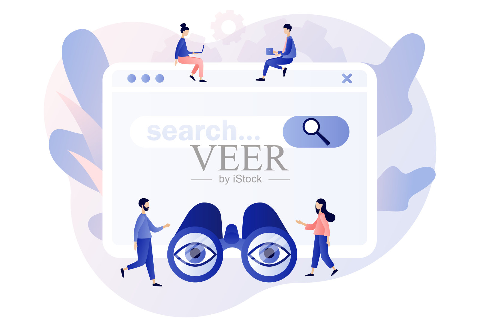 搜索网页。小人上网浏览信息,用双筒望远镜上网冲浪。搜索引擎优化的概念。现代平面卡通风格。矢量插图在白色的背景插画图片素材