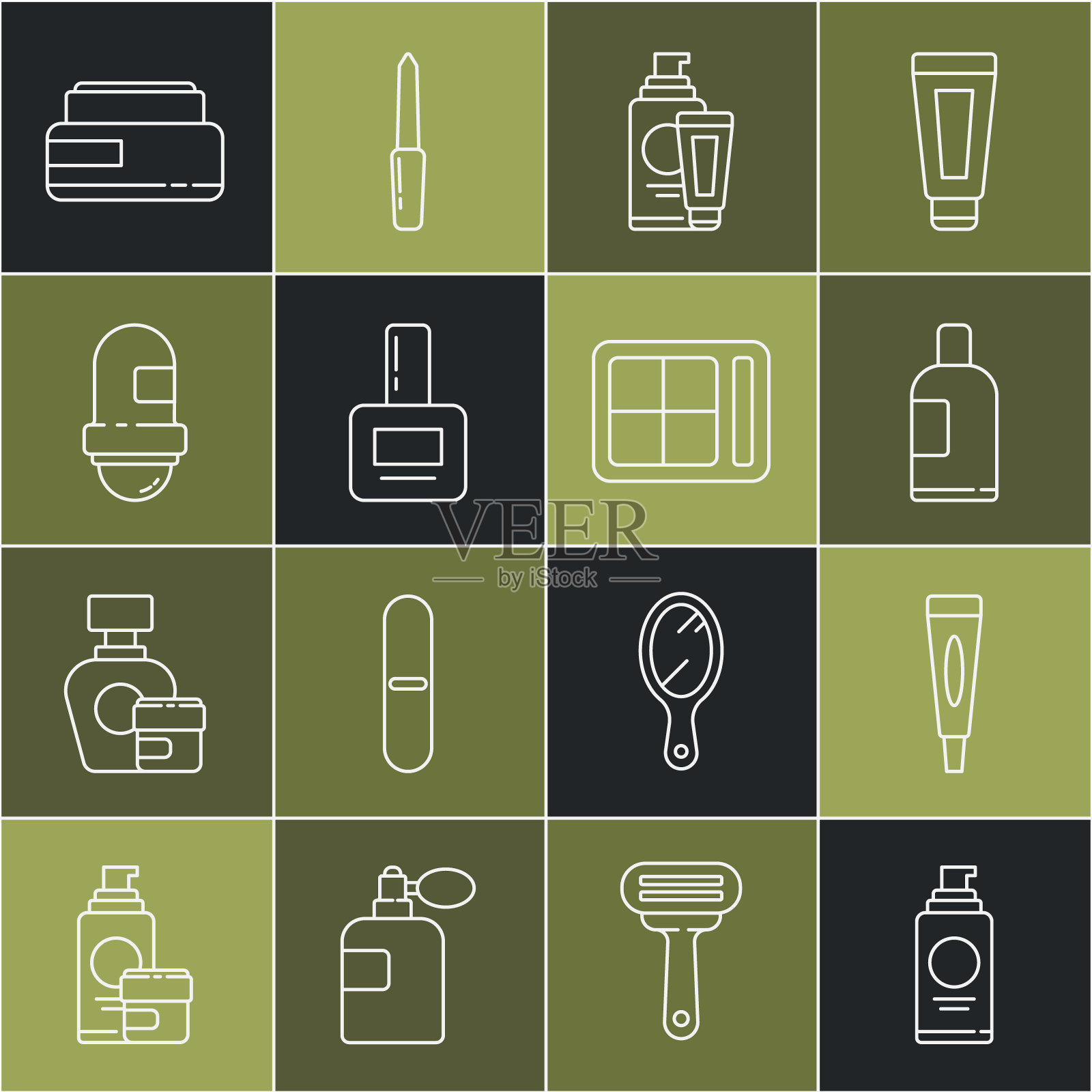 设定线喷雾罐的发胶,乳霜乳液化妆品管,瓶洗发水,指甲油瓶,止汗除臭剂卷,和眼影调色板图标。向量图标素材